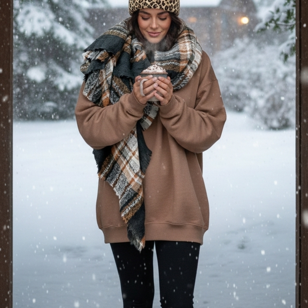 Cozy Brown Sweatshirt with Plaid Scarf